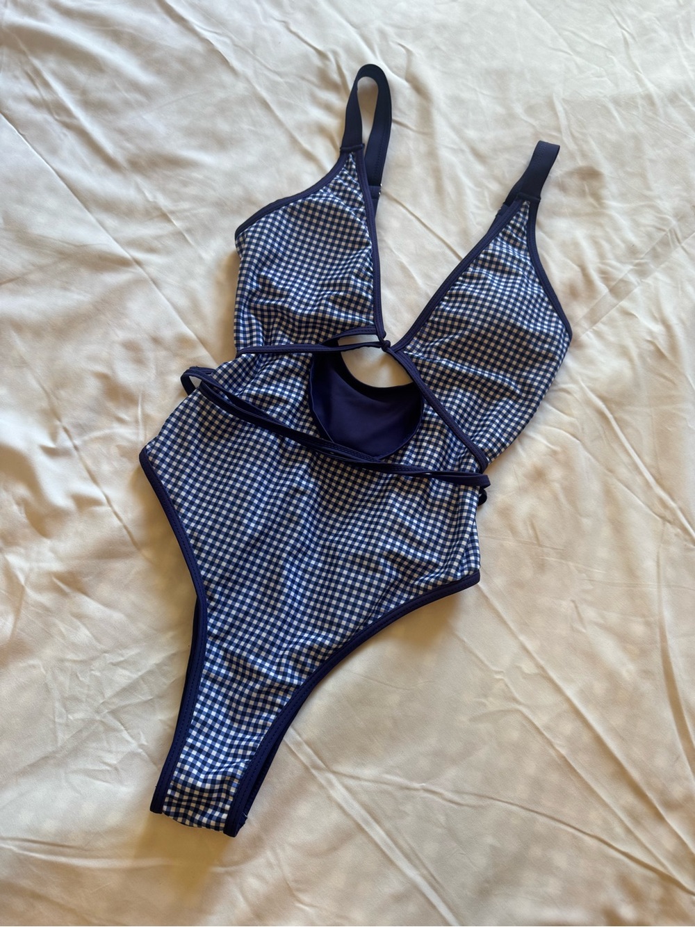 Navy Gingham One-Piece Swimsuit with Front Keyhole
